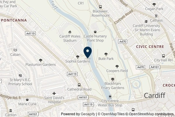 Map showing the area around: Dan Q couldn’t find GC1RGNM Cardiff,s “bouncy” bridge