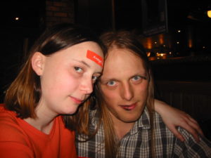 Claire (with an avangel.com sticker on her forehead) with Dan