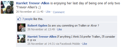 Before the wedding, Harriet tells Facebook that she's enjoying being one of only two Trevor-Allens, before Ruth becomes a third.