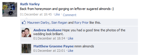 Ruth gets back from her and JTA's mini-honeymoon and tells Facebook about how many sugared almonds she's eaten.
