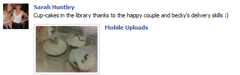 Sarah, who couldn't make it to the wedding, thanks Becky for delivering her wedding cupcakes.