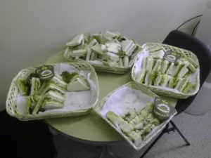 The prize! Baskets of fresh sandwiches (fruit, but not cakes, are off-camera: around here, cakes go very quickly...)