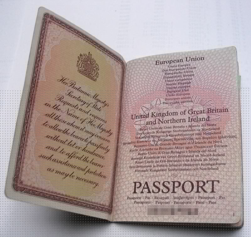A British passport, with its famous inside text.