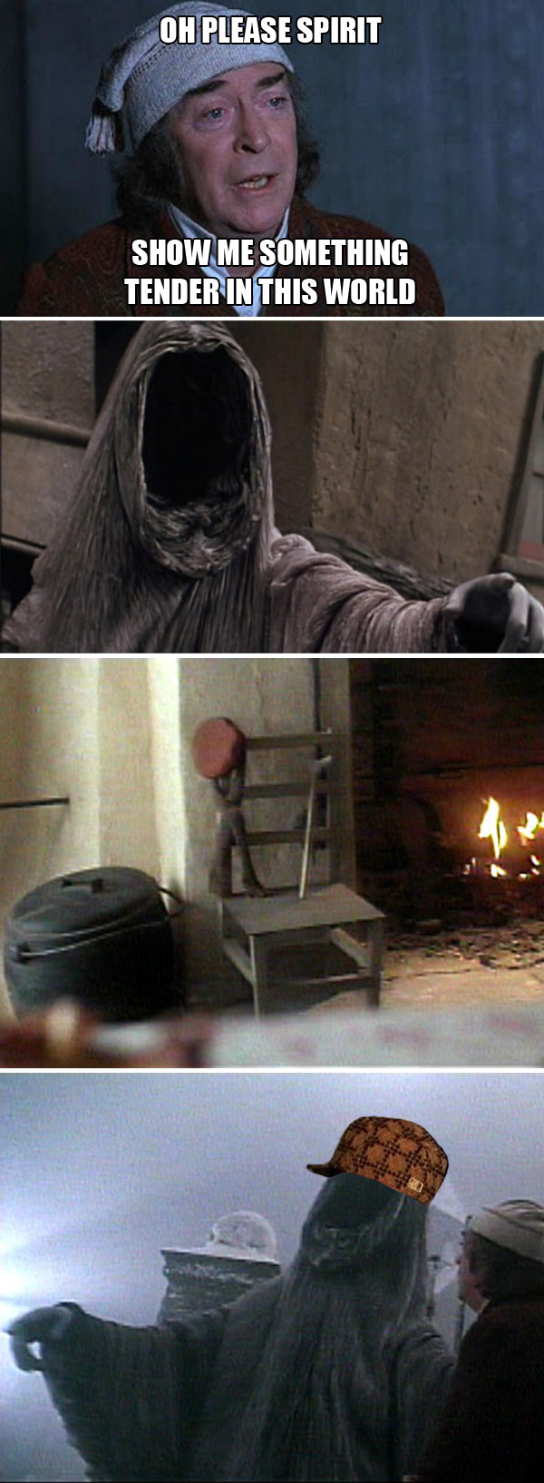 Scrooge asks the Ghost of Christmas Future to show him what he wants to see, but that troll shows him Tim Cratchitt's abandoned chair and crutch