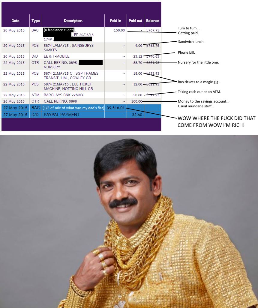 My bank statement, showing a huge deposit.