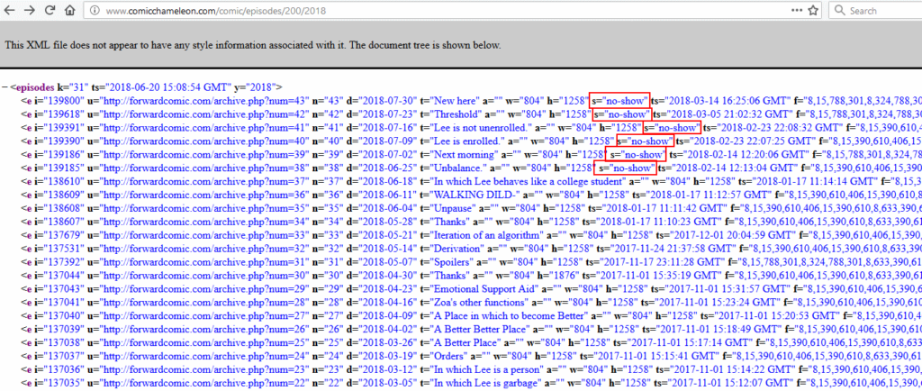 no-shows in the episode list produced by the web component of Comic Chameleon