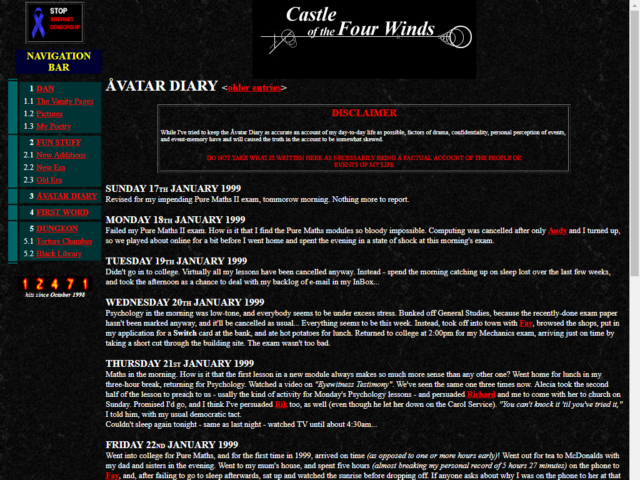 Castle of the Four Winds in early 1999: a very-90s website of white and red text on black, with Times New Roman text, a flaming hit counter, and a blue ribbon campaign button.