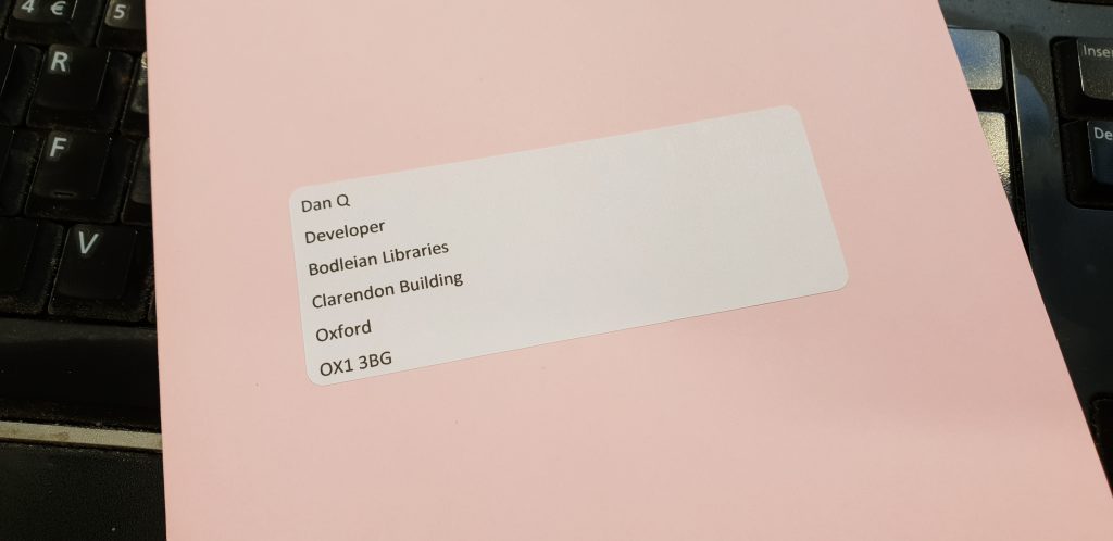 Letter addressed to Dan Q, Developer, Bodleian Libraries.