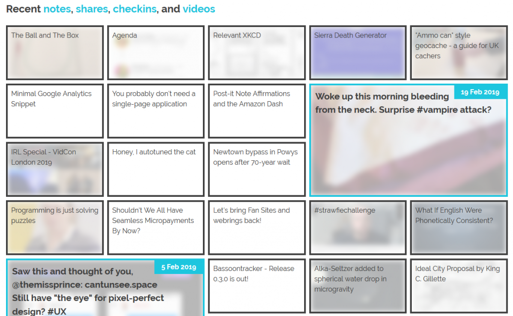 Grid of recent notes and shares on DanQ.me