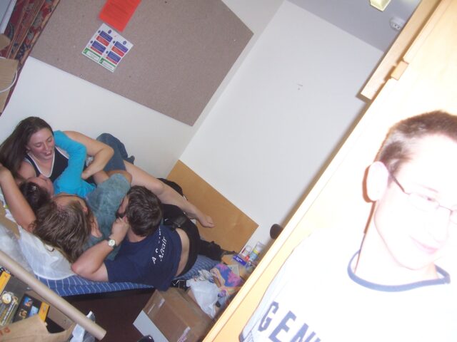 Ruth, Claire, Dan and JTA share a bed at a housewarming party in PJM