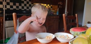 John with double bowls of breakfast on Tuesday morning.