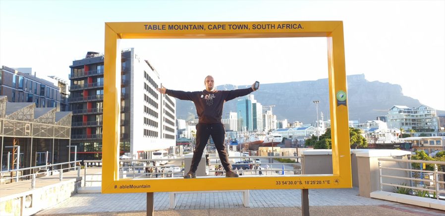 Dan in the frame, Table Mountain in the background.