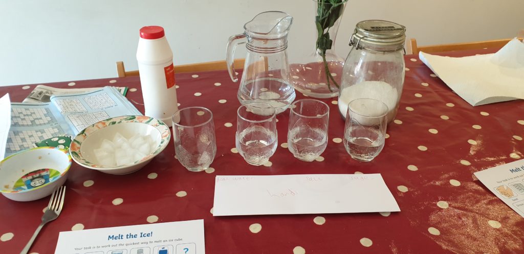 Bowl of ice, glasses of water, salt and sugar supplies.
