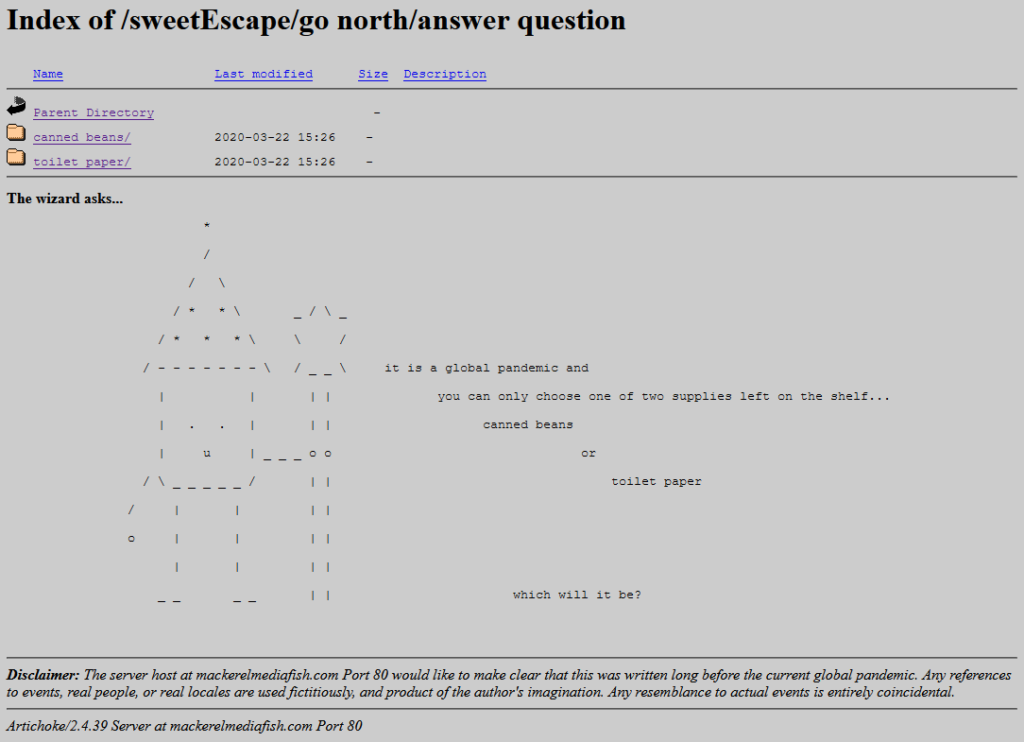 An ASCII art wizard on a faux Apache directory listing page.