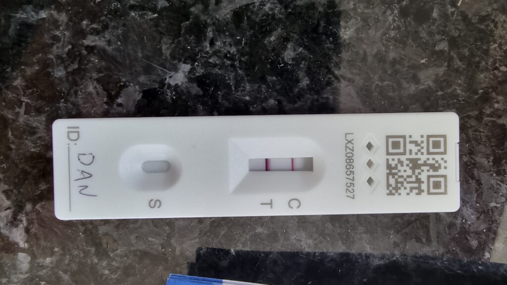Lateral flow test, with "DAN" written on it, showing a solid control line and a very clear solid test line: a clear positive result.