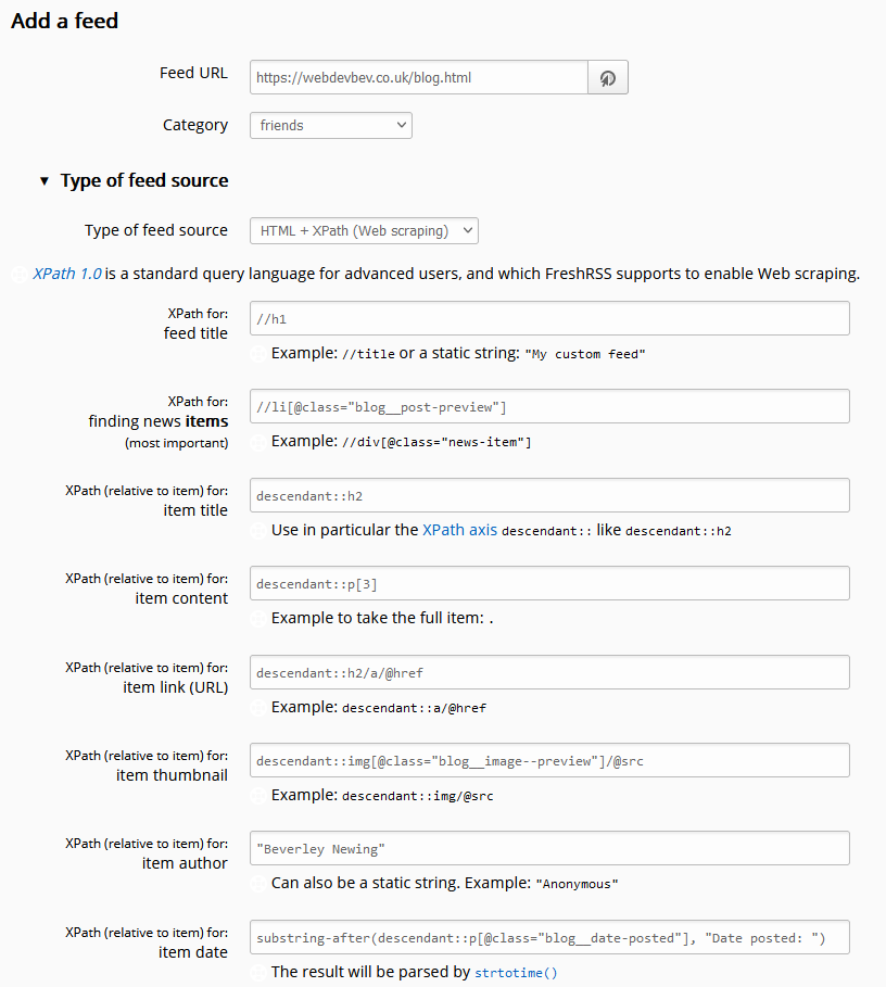 Screenshot: Adding a "HTML + XPath (Web scraping)" feed via FreshRSS.