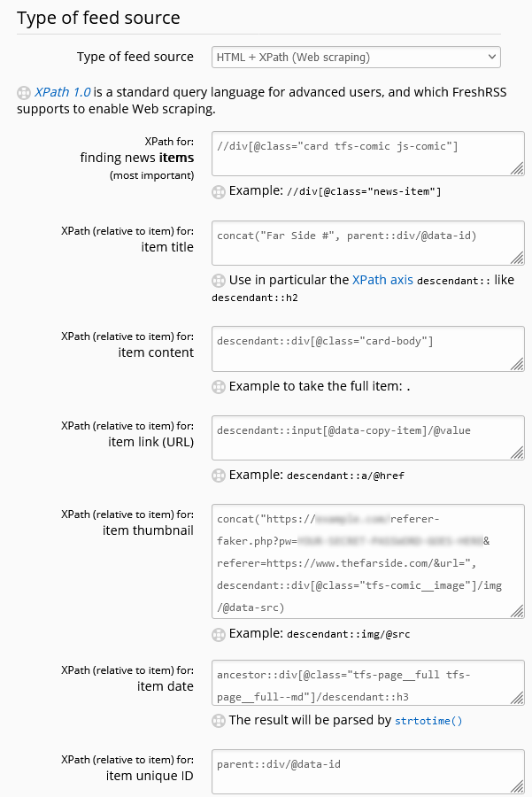 FreshRSS "HTML + XPath" configuration page, configured as described below.