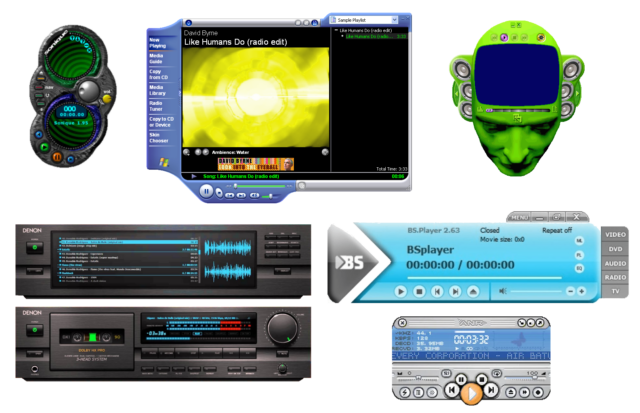Composite screenshot showing Sonique, Windows Media Player and BSplayer music players, among others, in a variety of windows that are either unusually-shaped, look like conventional Hi-Fis, or both.