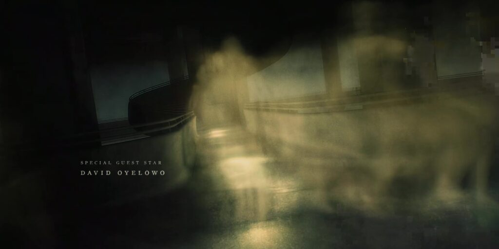 Skewed camera angle showing a dark bridge with ghostly gaseous figures crossing.