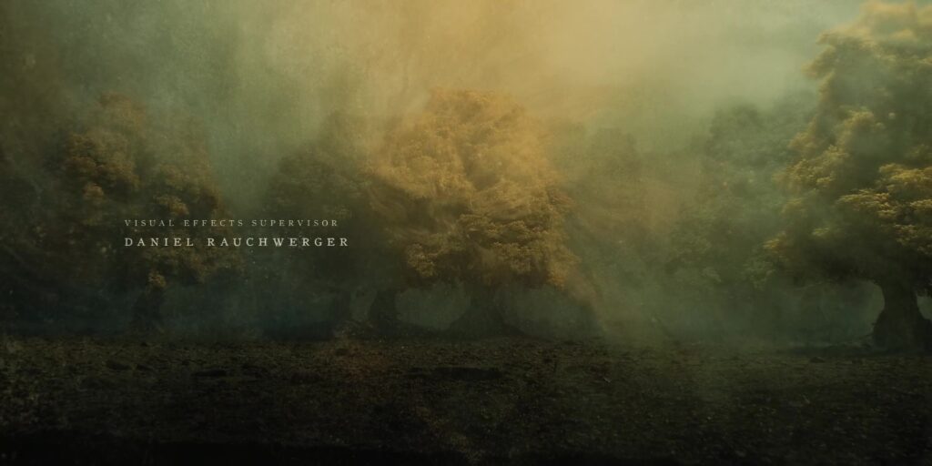 Trees in a yellow fog.