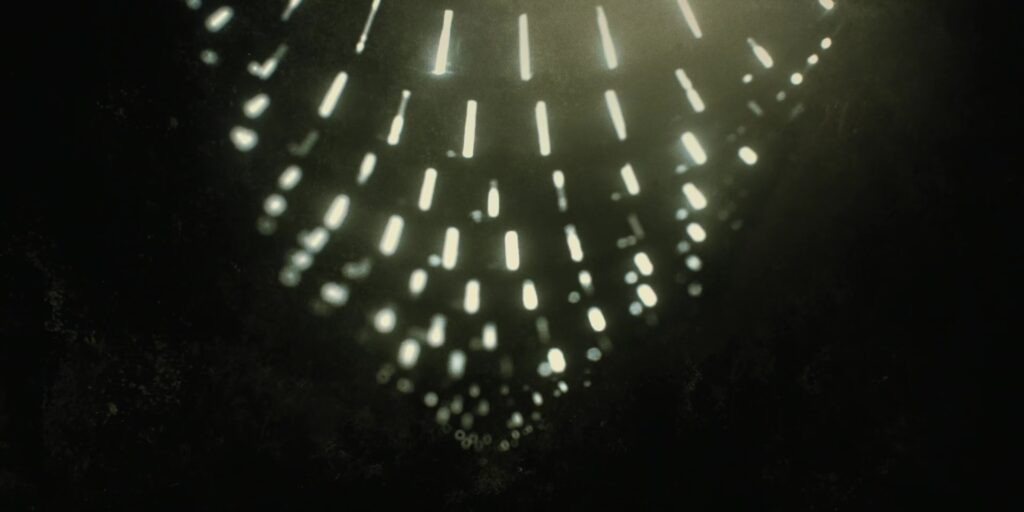 The ends of spiraling lights appear to spin around.