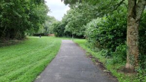 A concrete path running between mowed grass and trees.