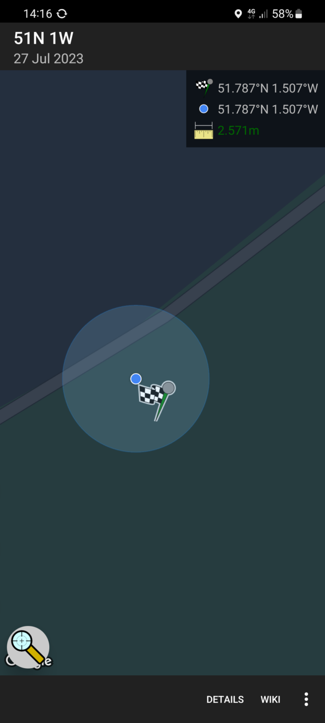 Screenshot from Geohashdroid, showing 51N 1W 27 Jul 2023 hashpoint 2.571m from the user.