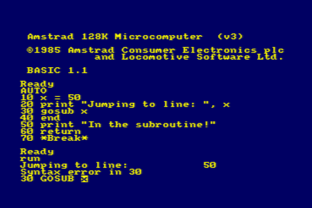 An experimental program being run that attempts to GOSUB a variable, failing with a syntax error on the relevant line.