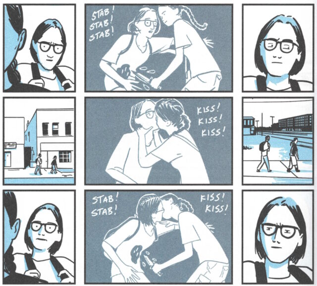 A humorous comic scene from Incredible Doom in which a male character wearing glasses walks with a female character he's recently met and is somewhat intimidated by, playing-out in his mind the possibility that she might be about to stab him. Or kiss him. Or kiss him THEN stab him.