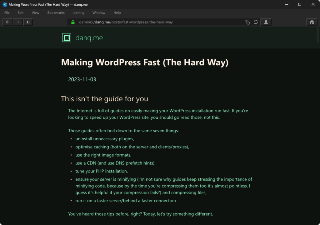 Screenshot showing this blog post as viewed via Gemini, in the Lagrange browser.