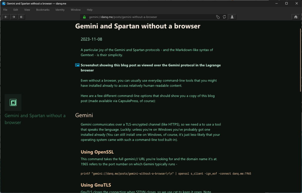 Screenshot showing this blog post as viewed over the Gemini protocol in the Lagrange browser