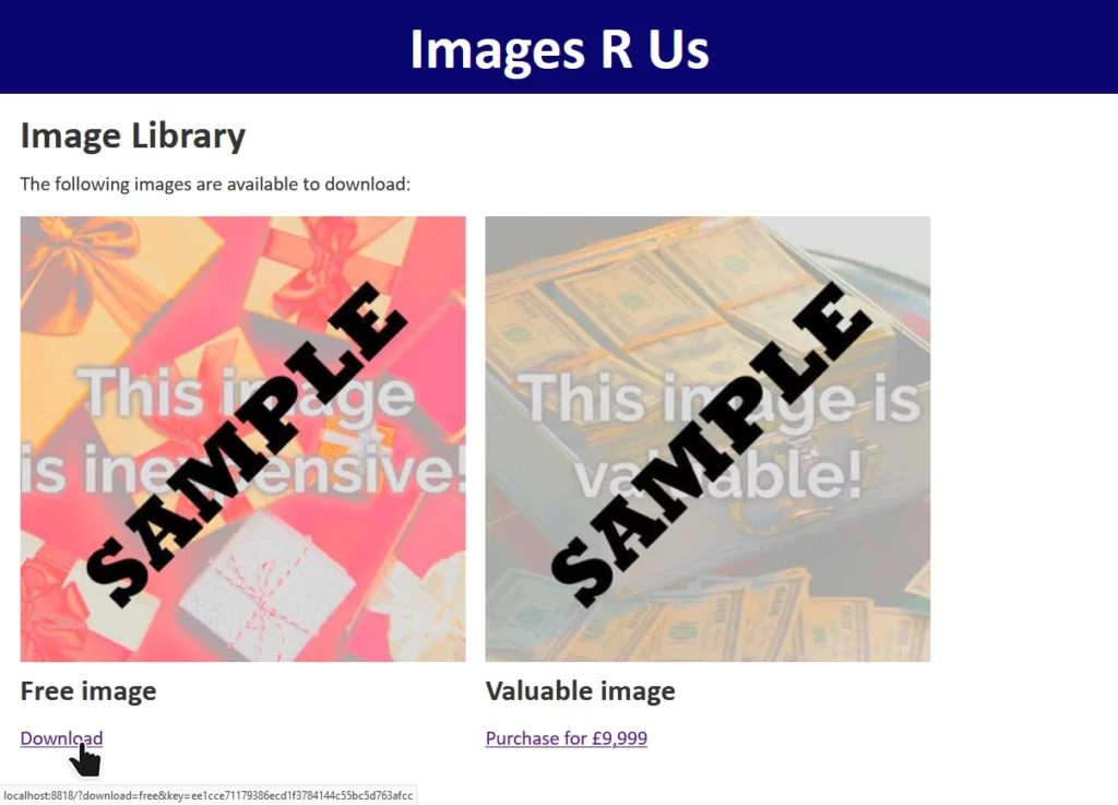 Screenshot of vulnerable site with legitimate "download" link hovered.