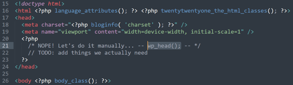 Screenshot of a code editor showing a typical WordPress theme's header.php, but with the wp_head() line commented out.