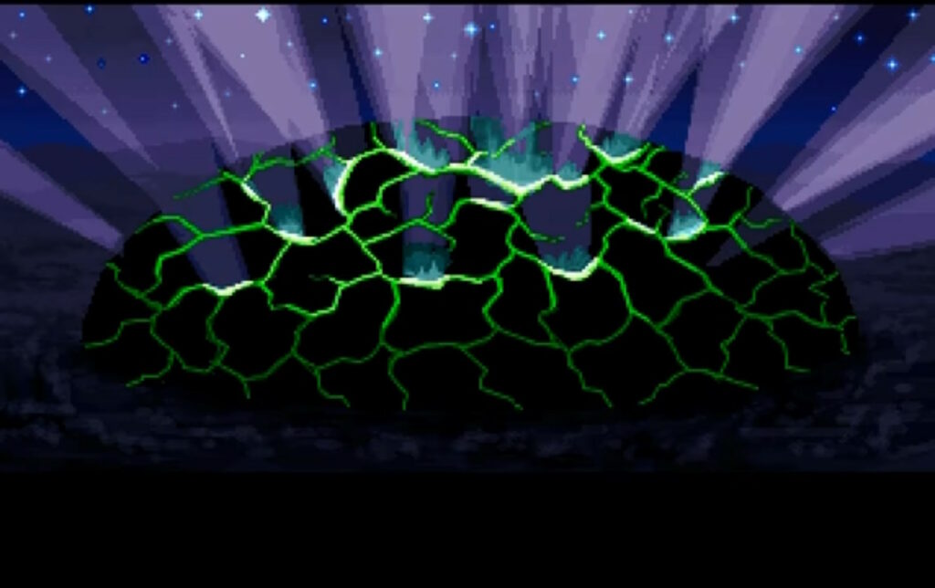 Under a starry sky, a blackrock dome grows green cracks and shatters.