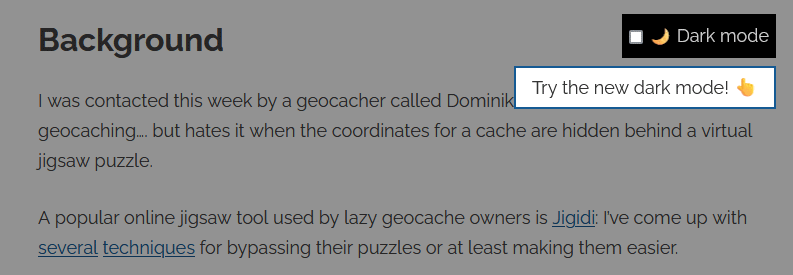 Screenshot of the recent "Quickly Solving JigsawExplorer Puzzles" blog post with a new "Dark mode" switch hovering over it.