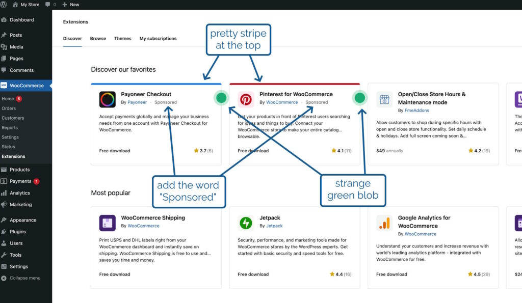 Screenshot of the WooCommerce Extensions Marketplace, with two sponsored products annotated to show (a) a pretty stripe at the top, (b) adding the word "Sponsored", and (c) a strange green blob alongside each.