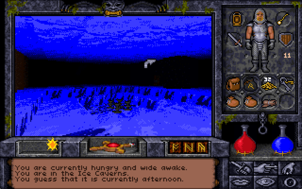 Screenshot showing a frozen fountain in an icy realm.
