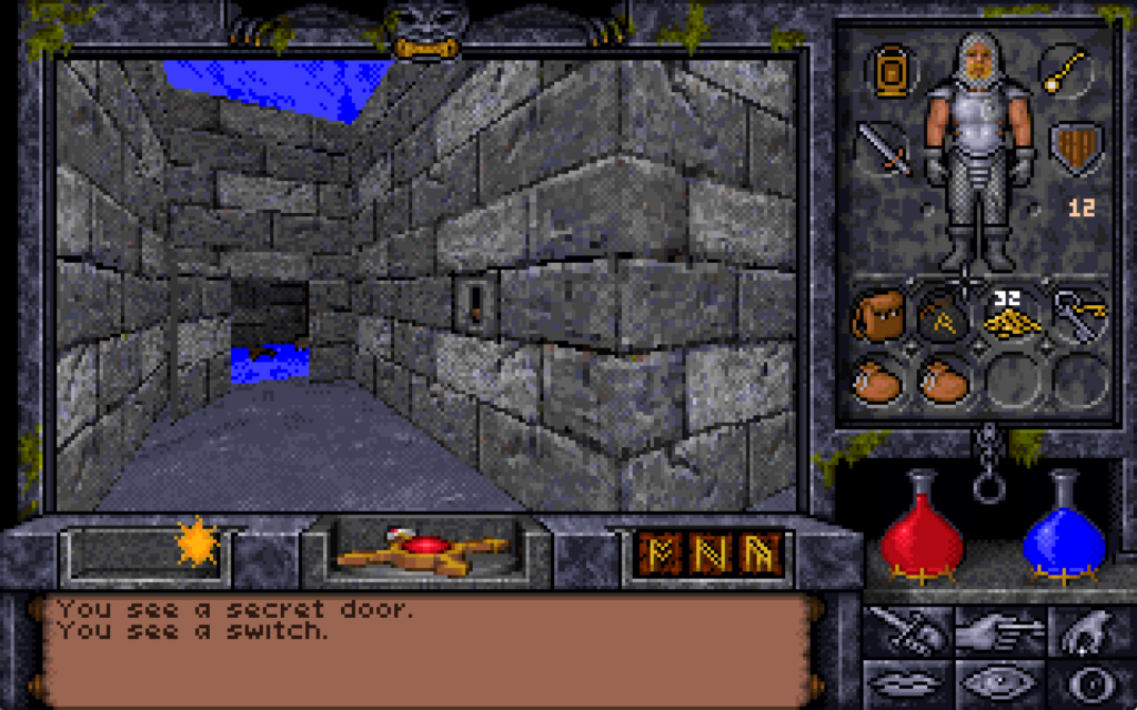 An open secret door (the one from before, but viewed from the other side), and a thrown switch.