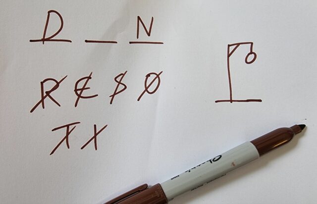 A game of hangman; D_N; wrong guesses are R, E, S, O, T and I.