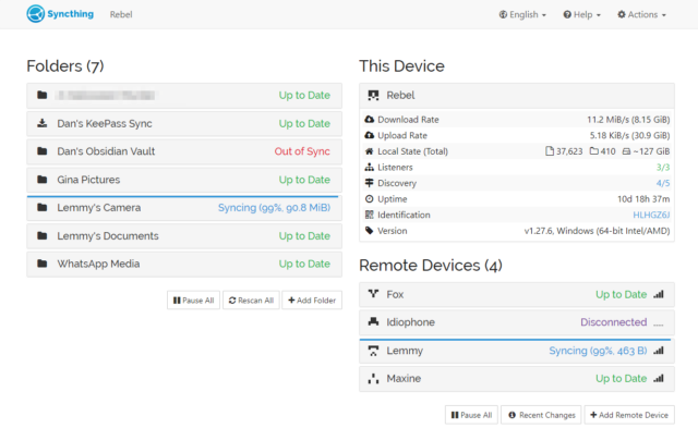 Syncthing screenshot for computer Rebel, sharing with Fox, Idiophone, Lemmy and Maxine.