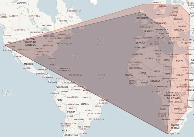 Enhanced version of the previous map showing an extended shape also covering some of the Shetland Islands, St. Petersburg, Moscow, parts of Kenya, and Malawi.