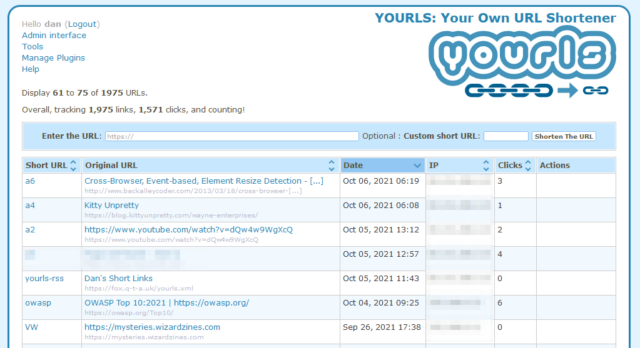 YOURLS screenshot (Your Own URL Shortener).