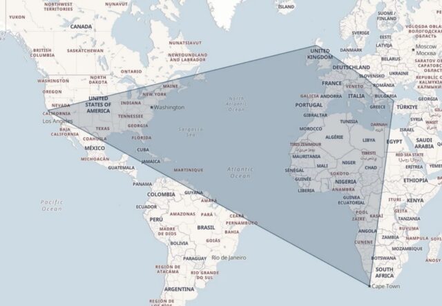 World map, with an irregular near-quadrilatral drawn such that it approximately connects Inverness (Scotland), Istanbul (Turkey), Cape Town (South Africa), and San Francisco (California, USA), encompassing the area within.