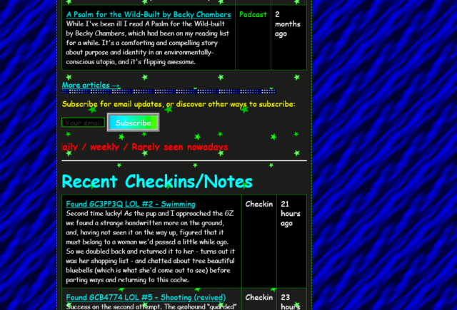 Further down the same page, showing the gap between the articles and the other posts, with a subscribe form (complete with marquee!).