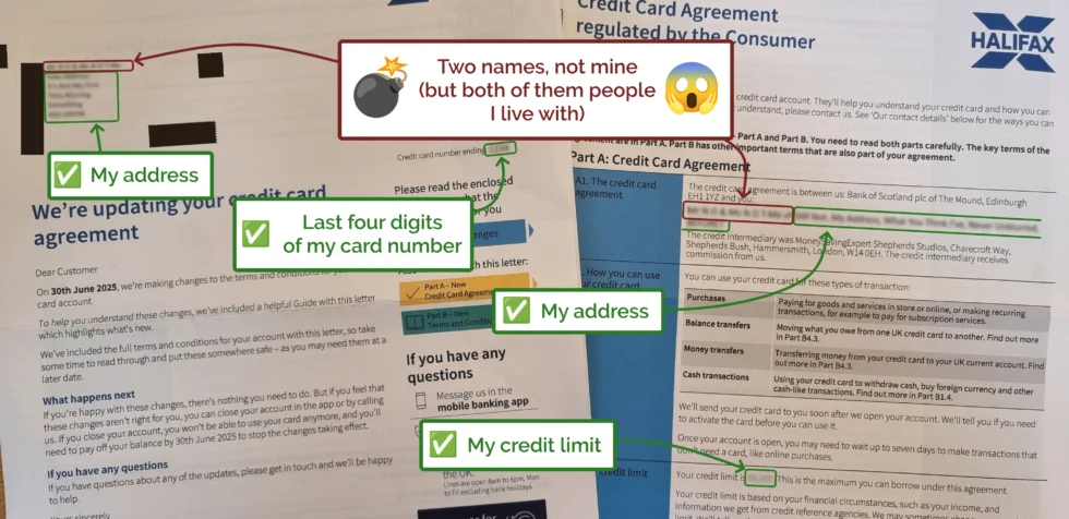 Carefully-censored letter from Halifax, highlighting the parts that show my correct address, last four digits of my card, and my credit limit... and where it shows a pair of names that are not mine.