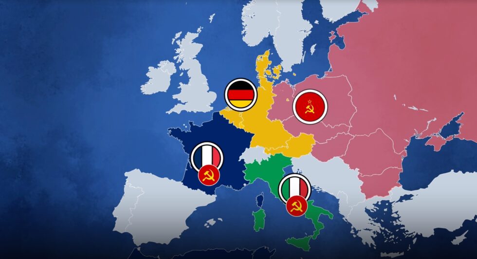 Video framegrab showing an alternate history map of Europe in mid-to-late 20th century. West Germany has formed an economic union with several neighbouring states, while France and Italy have elected Communist governments and are within the Soviet sphere of influence.