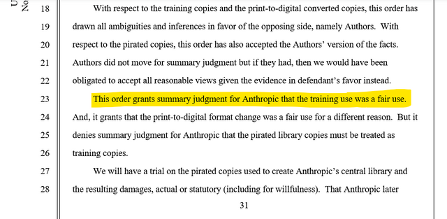 Fragment of court ruling with a line highlighted that reads: This order grants summary judgment for Anthropic that the training use was a fair use.