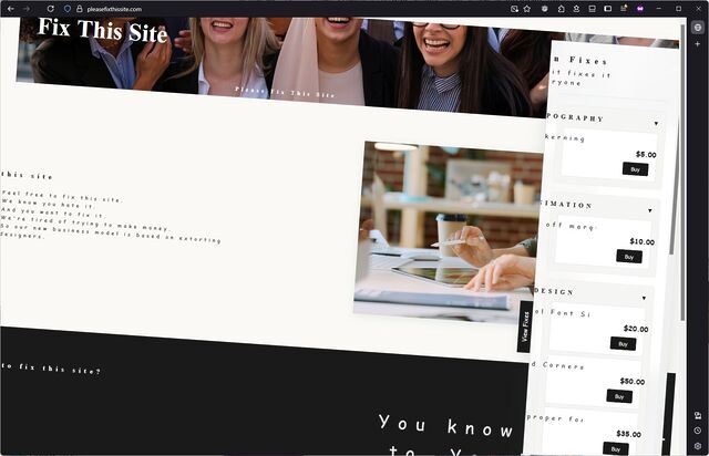 Screenshot of PleaseFixThisSite.com, featuring all of the design sins described below.