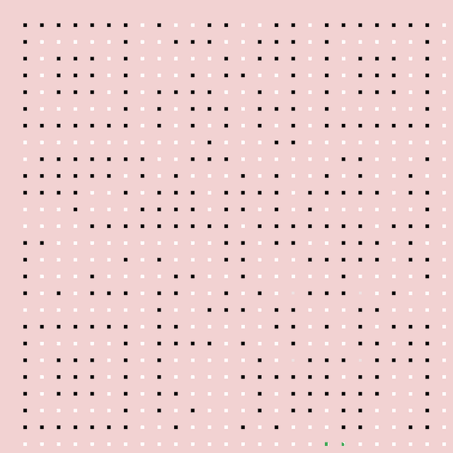 Extremely minimal version of the QR code above, with small spots of white or black in each grid square, with a pink mask surrounding.