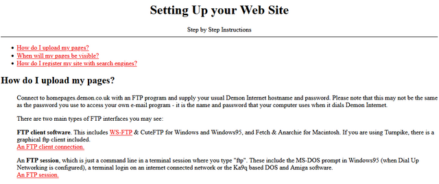 'Setting Up your Web Site, Step by Step Instructions' page, describing use of an FTP client to upload web pages.